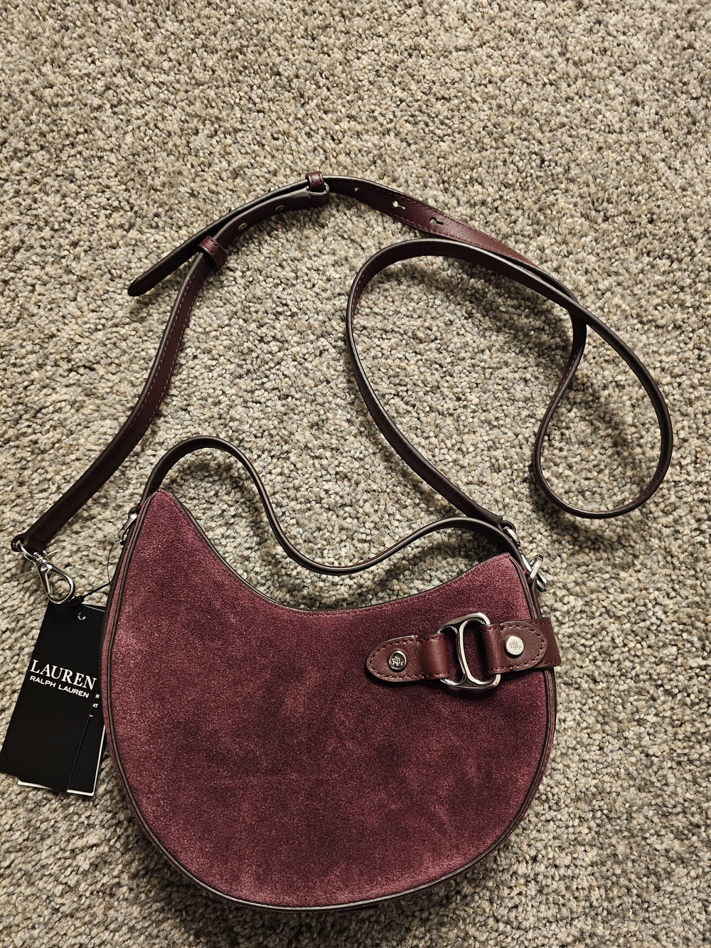 Lauren Ralph Lauren Burgundy Suede Crescent Crossbody Bag